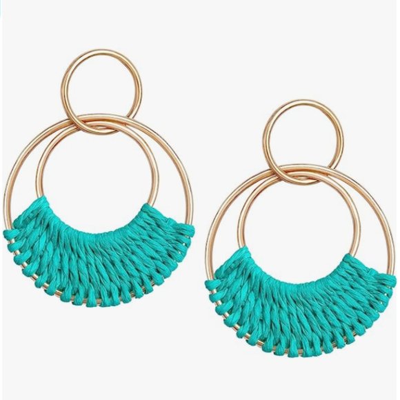 Teal Blue Woven Raffia Gold Hoop Earrings Boho Wicker Hoops Links Post Style New - Picture 4 of 5